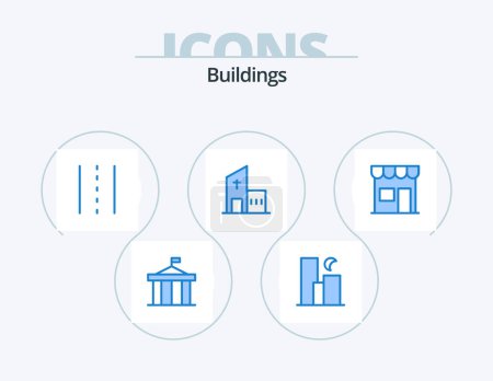 Ilustración de Buildings Blue Icon Pack 5 Icon Design. church. building. night. road. lines - Imagen libre de derechos