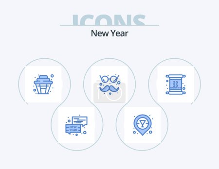 Illustration for New Year Blue Icon Pack 5 Icon Design. invite. card. cup. glasses and mustaches. funny - Royalty Free Image