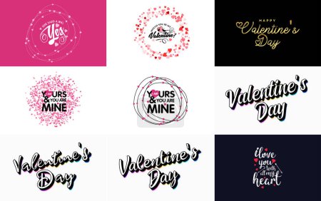 Illustration for Happy Valentine's Day greeting background in papercut realistic style paper clouds. flying realistic heart on string; pink banner party invitation template; calligraphy words text sign on copy space - Royalty Free Image