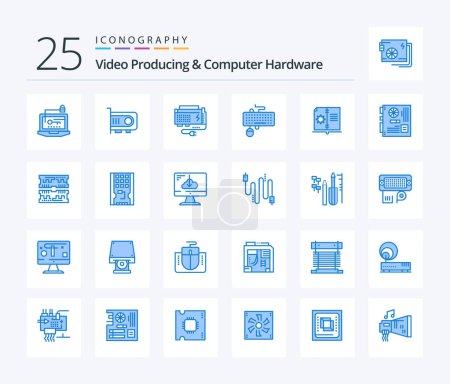 Illustration for Video Producing And Computer Hardware 25 Blue Color icon pack including mouse. interface. computer. device. power - Royalty Free Image