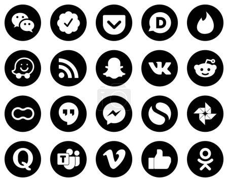 Illustration for 20 Premium White Social Media Icons on Black Background such as facebook. google hangouts. feed. women and peanut icons. Elegant and unique - Royalty Free Image