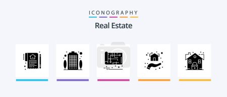 Téléchargez les illustrations : Real Estate Glyph 5 Icon Pack Including house. hand. property. giving. map. Creative Icons Design - en licence libre de droit