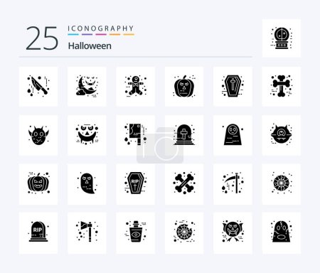 Téléchargez les illustrations : Halloween 25 Solid Glyph icon pack including holidays. coffin. gingerbread man. sign. pumpkin - en licence libre de droit