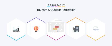 Téléchargez les illustrations : Tourism And Outdoor Recreation 25 Flat icon pack including plane. service. direction. home. hotel - en licence libre de droit