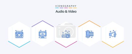Illustration for Audio And Video 25 Blue icon pack including speaker. megaphone. device. reel. film - Royalty Free Image
