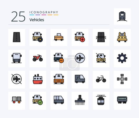 Téléchargez les illustrations : Vehicles 25 Line Filled icon pack including bridge. plus. vehicles. more. add - en licence libre de droit