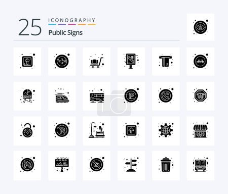 Téléchargez les illustrations : Public Signs 25 Solid Glyph icon pack including public. money. trolley. card. public - en licence libre de droit