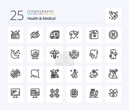 Téléchargez les illustrations : Health And Medical 25 Line icon pack including hospital. register. medical. medical. beat - en licence libre de droit