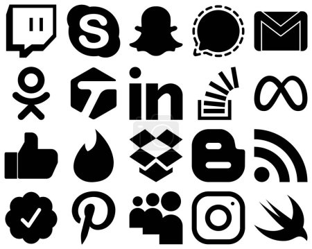 Illustration for 20 Minimalist Black Solid Icon Set such as overflow. question. email. stockoverflow and linkedin icons. Creative and high-resolution - Royalty Free Image
