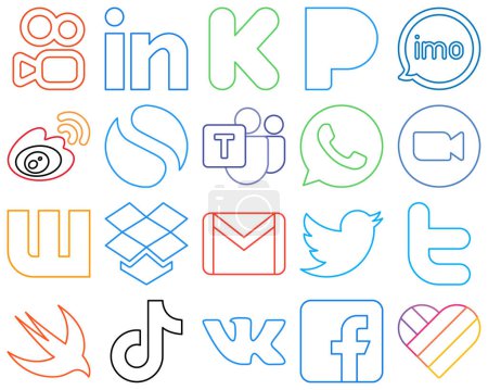 Illustration for 20 Fully editable and versatile Colourful Outline Social Media Icons such as whatsapp. microsoft team. video. simple and china Versatile and premium - Royalty Free Image