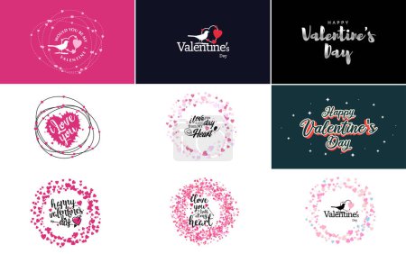 Téléchargez les illustrations : Happy Valentine's Day greeting card template with a cute animal theme and a pink color scheme - en licence libre de droit