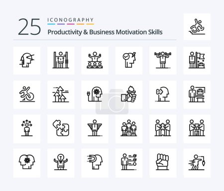 Téléchargez les illustrations : Productivity And Business Motivation Skills 25 Line icon pack including power. brain. improvement. team. mentor - en licence libre de droit