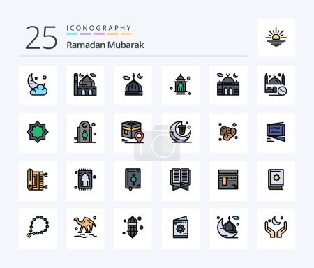 Téléchargez les illustrations : Ramadan 25 Line Filled icon pack including muslim. art. moon. namaz. masjid - en licence libre de droit