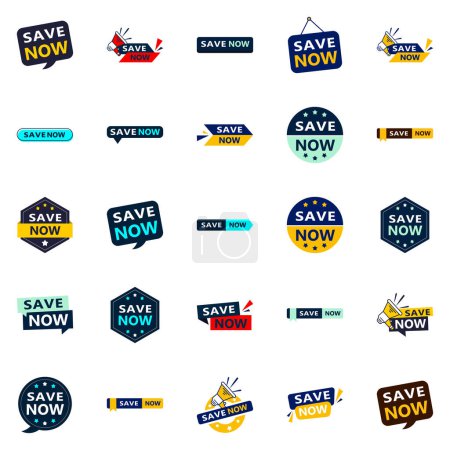 Ilustración de Save Now 25 Modern Typographic Elements for promoting savings in a current way - Imagen libre de derechos