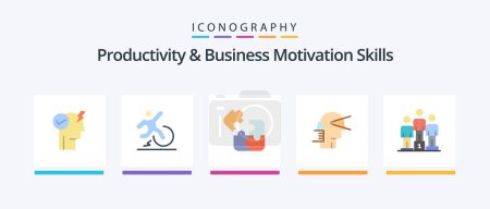 Téléchargez les illustrations : Productivity And Business Motivation Skills Flat 5 Icon Pack Including path. forward. leave. business. puzzle. Creative Icons Design - en licence libre de droit