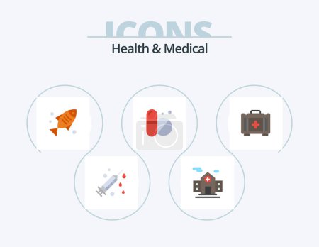 Illustration for Health And Medical Flat Icon Pack 5 Icon Design. . healthbag. food. bag. tablet - Royalty Free Image