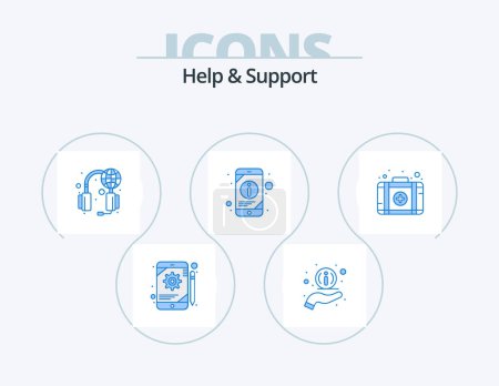 Téléchargez les illustrations : Help And Support Blue Icon Pack 5 Icon Design. kit. aid. services. phone. mobile - en licence libre de droit