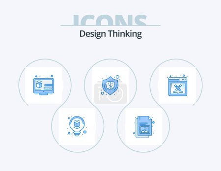 Téléchargez les illustrations : Design Thinking Blue Icon Pack 5 Icon Design. design work. brain. design. shield. design - en licence libre de droit