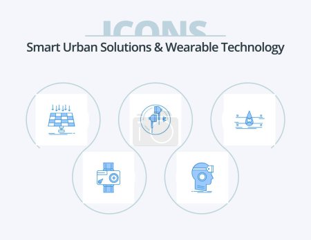 Téléchargez les illustrations : Smart Urban Solutions And Wearable Technology Blue Icon Pack 5 Icon Design. ear. smart city. reality. technology. panel - en licence libre de droit