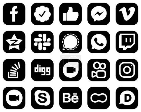 Illustration for 20 Professional White Social Media Icons on Black Background such as signal. fb. slack and tencent icons. Eye-catching and high-quality - Royalty Free Image