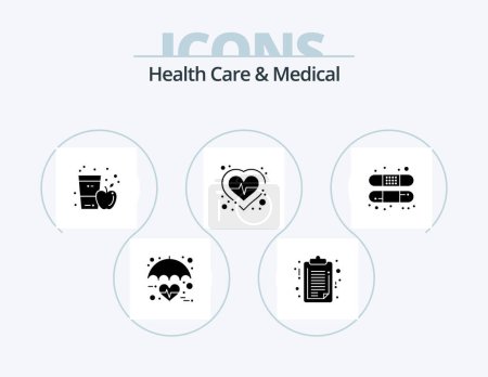 Téléchargez les illustrations : Health Care And Medical Glyph Icon Pack 5 Icon Design. check. heart. clip board. health. glass - en licence libre de droit