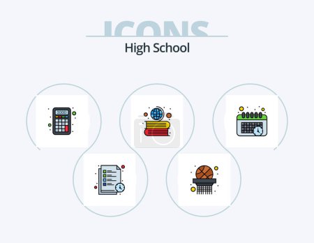 Téléchargez les illustrations : High School Line Filled Icon Pack 5 Icon Design. note. list. desk. study timetable. reading time - en licence libre de droit