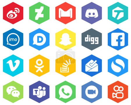 Illustration for 20 White Hexagon Flat Color Icons disqus. video. discord. audio and tagged Business and Marketing - Royalty Free Image