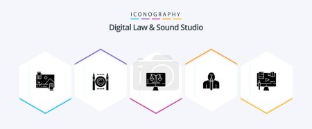 Illustration for Digital Law And Sound Studio 25 Glyph icon pack including creative. author. digital. artist. screen - Royalty Free Image