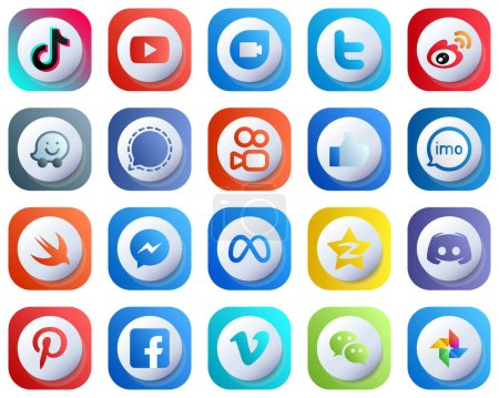 Illustration for 20 Cute 3D Gradient Modern Social Media Icons such as signal. twitter. waze and china icons. Fully Editable and Modern - Royalty Free Image