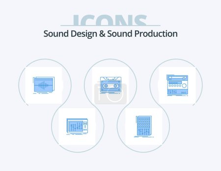 Téléchargez les illustrations : Sound Design And Sound Production Blue Icon Pack 5 Icon Design. record. cassette. mixer. wave. hertz - en licence libre de droit