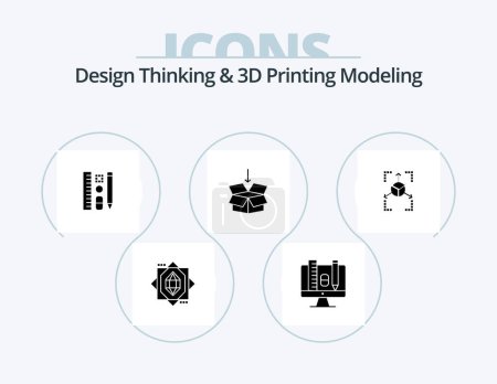 Téléchargez les illustrations : Design Thinking And D Printing Modeling Glyph Icon Pack 5 Icon Design. grid. education. pen. shepping . box - en licence libre de droit