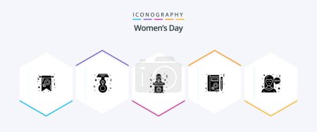 Téléchargez les illustrations : Womens Day 25 Glyph icon pack including learning. profile. day. book. woman - en licence libre de droit