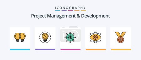 Téléchargez les illustrations : Project Management And Development Line Filled 5 Icon Pack Including development. writing. achieve. content. ribbon. Creative Icons Design - en licence libre de droit