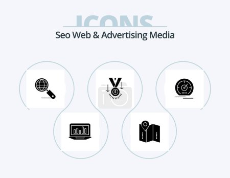 Illustration for Seo Web And Advertising Media Glyph Icon Pack 5 Icon Design. winner. medal. location. award. search - Royalty Free Image