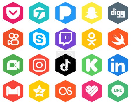 Ilustración de 20 Clean White Icons tiktok. meta. twitch. instagram and video Hexagon Flat Color Backgrounds - Imagen libre de derechos