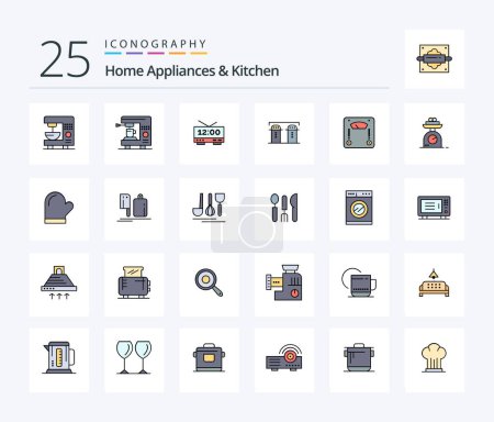 Téléchargez les illustrations : Home Appliances And Kitchen 25 Line Filled icon pack including potholder. weight. salt. weighing. machine - en licence libre de droit