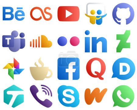 Illustration for 20 Unique Gradient Social Media Icons such as caffeine. deviantart. soundcloud. professional and yahoo icons. High definition and professional - Royalty Free Image