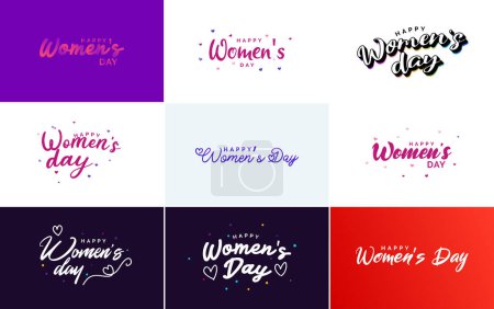 Téléchargez les illustrations : Happy Woman's Day handwritten lettering set March 8th modern calligraphy collection on white background. suitable for greeting or invitation cards. festive tags. and posters - en licence libre de droit