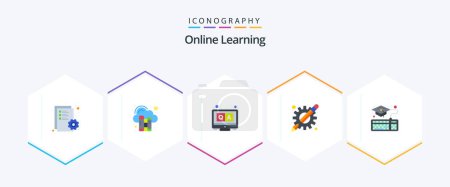Téléchargez les illustrations : Online Learning 25 Flat icon pack including graduation. learning apps. answers. education apps. apps - en licence libre de droit