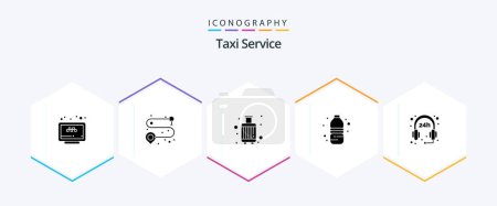 Téléchargez les illustrations : Taxi Service 25 Glyph icon pack including hours. water bottle. baggage. water. travel - en licence libre de droit