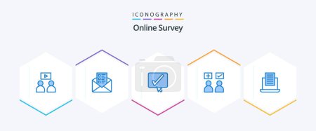Illustration for Online Survey 25 Blue icon pack including text. laptop. tick. correct. online - Royalty Free Image