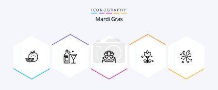 Illustration for Mardi Gras 25 Line icon pack including holiday. fire. carnival mask. fire work. flowers - Royalty Free Image