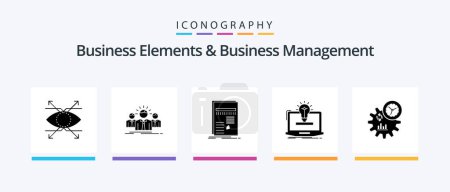 Téléchargez les illustrations : Business Elements And Business Managment Glyph 5 Icon Pack Including bulb. solution. leader. laptop. report. Creative Icons Design - en licence libre de droit