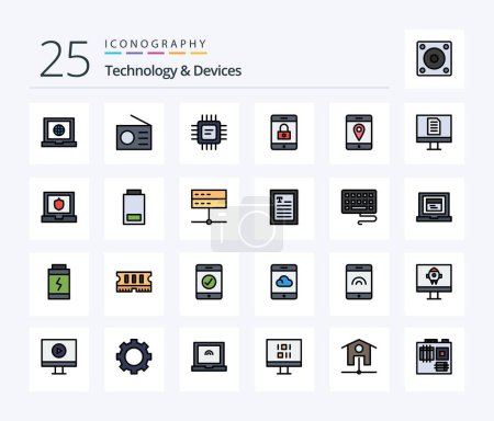 Téléchargez les illustrations : Devices 25 Line Filled icon pack including computer. maps. cpu. location. lock - en licence libre de droit