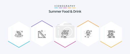 Téléchargez les illustrations : Summer Food and Drink 25 Line icon pack including food vendor. food. dessert. sweet. dessert - en licence libre de droit