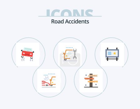Téléchargez les illustrations : Road Accidents Flat Icon Pack 5 Icon Design. ad board. repair. west. maintenance. skidding - en licence libre de droit