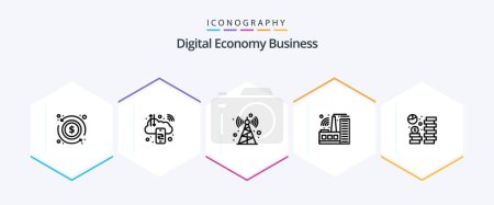 Téléchargez les illustrations : Digital Economy Business 25 Line icon pack including dollar. coin. internet. industry. building - en licence libre de droit