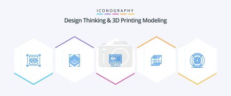 Téléchargez les illustrations : Design Thinking And D Printing Modeling 25 Blue icon pack including filament. shepping. computer. computing. box - en licence libre de droit