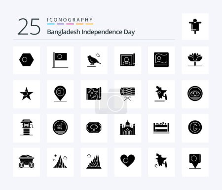 Illustration for Bangladesh Independence Day 25 Solid Glyph icon pack including flower. asian. sparrow. flag. international - Royalty Free Image