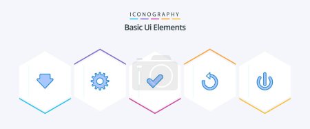 Illustration for Basic Ui Elements 25 Blue icon pack including power. off. tick. button. rotate - Royalty Free Image